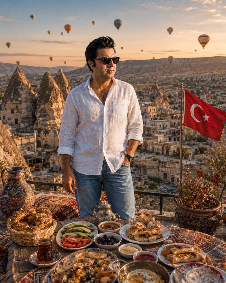 mirbahad1981's tweet photo. {
  "title": "Cappadocia Travel Vibes",
  "style": "cinematic luxury travel photography, golden hour, photorealistic",
  "subject": {
    "reference": "preserve exact facial likeness from attached photo",
    "outfit": "white linen shirt, blue jeans, sunglasses, wristwatch",
    "pose": "relaxed standing pose, one hand in pocket"
  },
  "location": "Cappadocia, Turkey",
  "background": "fairy chimneys, Göreme-style stone landscape, cave architecture, colorful hot-air balloons",
  "foreground": "traditional Turkish breakfast with tea, simit, olives, cheese, pastries and local dishes",
  "flag": "clearly visible Turkish flag",
  "lighting": "warm sunrise/golden-hour light, soft cinematic shadows",
  "colors": "warm sandstone, sky blue, Turkish red, natural earth tones",
  "aspect_ratio": "4:5",
  "negative_prompt": "no seaside, no marina, no altered face, no distorted anatomy, no cartoon look"
}