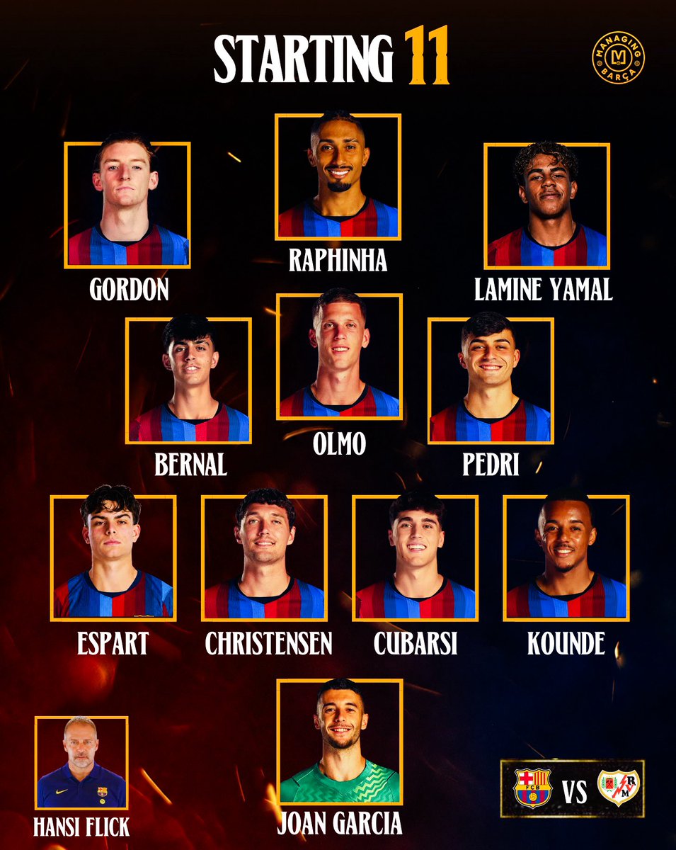 ManagingBarca's tweet photo. 🚨🚨| 𝐅𝐂 𝐁𝐀𝐑𝐂𝐄𝐋𝐎𝐍𝐀’𝐒 𝐎𝐅𝐅𝐈𝐂𝐈𝐀𝐋 𝐋𝐈𝐍𝐄𝐔𝐏 𝐀𝐆𝐀𝐈𝐍𝐒𝐓 𝐑𝐀𝐘𝐎 𝐕𝐀𝐋𝐋𝐄𝐂𝐀𝐍𝐎 𝐈𝐍 𝐋𝐀 𝐋𝐈𝐆𝐀 𝐓𝐎𝐍𝐈𝐆𝐇𝐓! 🔵🔴🇪🇸✅ https://t.co/aYCklbAWRD