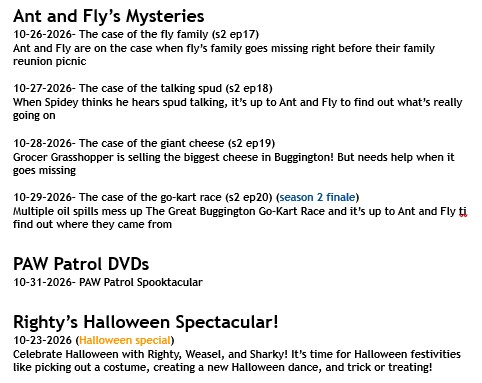 TheDRNetwork1's tweet photo. October Permieres! lots of Halloween Specials! plus ant and Fly season 2 ends! https://t.co/GEr9JjKuHq