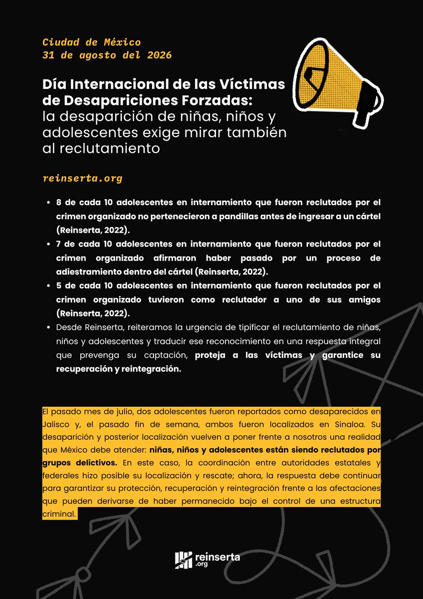 Reinserta's tweet photo. 🚨📣La desaparición de niñas, niños y adolescentes también puede estar vinculada al reclutamiento por grupos delictivos. 
Nombrarlo es indispensable para tomar acciones de prevención y proteger a las infancias. #DíaInternacionaldelasVíctimasdeDesaparicionesForzadas https://t.co/mAMtkeh42P