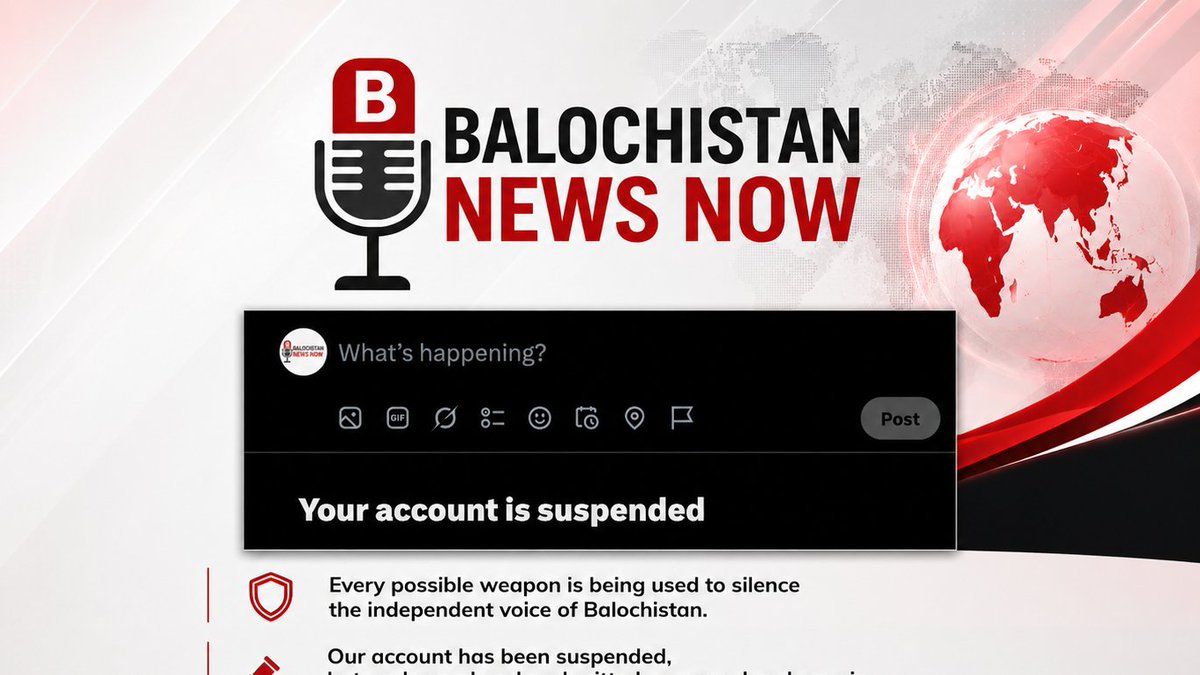 ManzuorBaloch's tweet photo. We strongly condemn @X for suspending Voices of #Balochistan at the arbitrary request of Pakistan's PTA. 
we urge @elonmusk, @X, &amp; the @Premium team to immediately restore the accounts @BaluchistanNow &amp; @BalochistanNow_
We appeal to all to raise your voices against this injustice https://t.co/nDOzNyM2zu