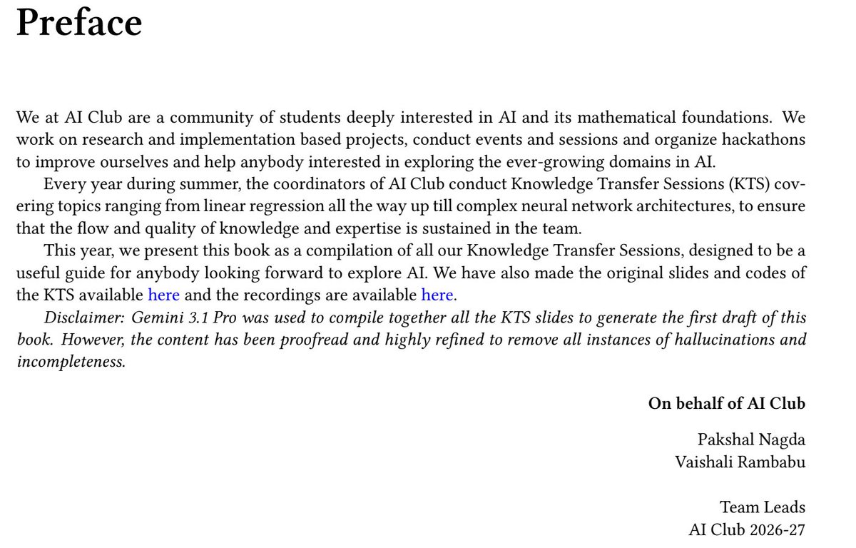 aiclubiitm's tweet photo. Ever wanted to start learning AI and ML but didn't know where to begin? Yeah, we've all been there.

We compiled our Knowledge Transfer Sessions into Translating Tensors, a from scratch intro covering regression, classification, core ML models, deep learning and a lot more . https://t.co/yNy0WTxMCJ