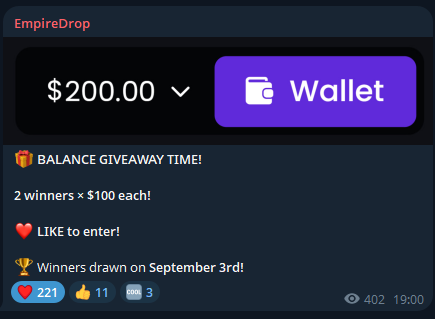 empiredrop's tweet photo. 📲 2×$100 BALANCE GIVEAWAY ON TELEGRAM!

Imagine the rewards you’re missing just because you’re not in 👀

🎁 Giving $100 on this tweet: RT + LIKE + Tag a friend!