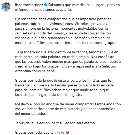 mdzol's tweet photo. El posteo de Lisandro Martínez para despedir a Messi de la Selección: "Me llevo el orgullo enorme de haber compartido tantos años con vos, de haber sido parte de esta historia y de haber aprendido del mejor de todos". https://t.co/s2I2f7D76J