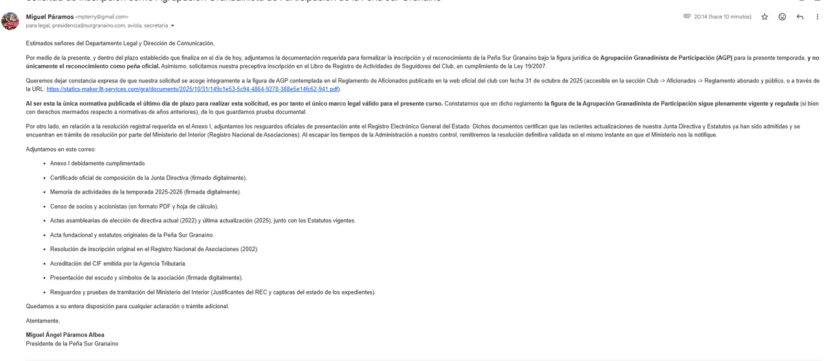 surgranainoGCF's tweet photo. Acabamos de formalizar en plazo,y de forma acorde con el reglamento vigente del club publicado en su web (por tanto único legalmente válido),la solicitud de inscripción un año más como Agrupación Granadinista de Participación.Esperamos aportar y crecer. @GranadaCF  @AntonioViola1 https://t.co/dM18Z9WKgh