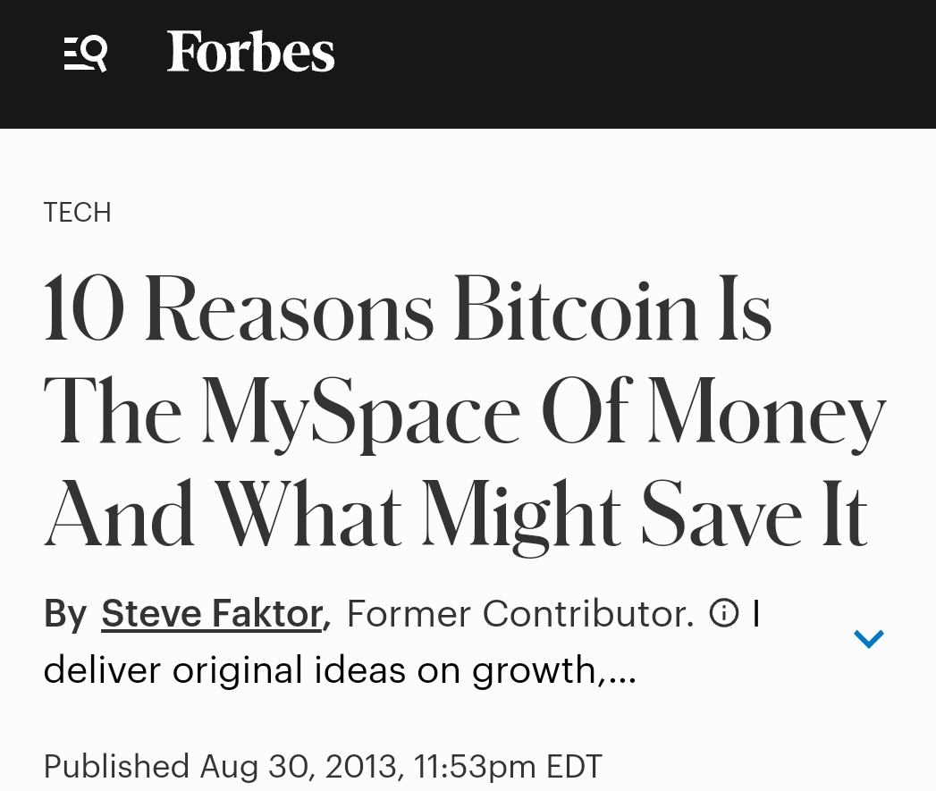 0xSweep's tweet photo. 13 years ago Forbes called Bitcoin "MySpace of Money" and said it'll die

bitcoin:native is up 67,000% since then https://t.co/bUp4HMW0Mz