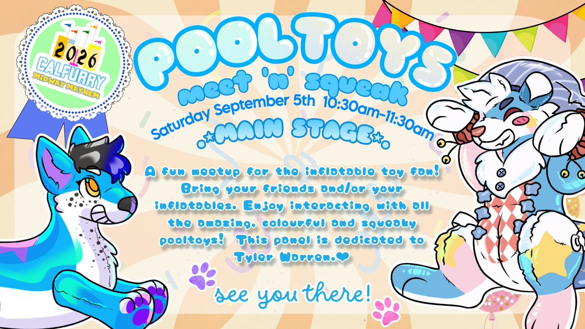 AzuAzulaa's tweet photo. 𝗣𝗼𝗼𝗹𝘁𝗼𝘆 𝗽𝗮𝗻𝗲𝗹 @ 𝗰𝗮𝗹𝗳𝘂𝗿𝗿𝘆!
I am so excited to bring the beloved pooltoy panel back to Calfurry this year! This time, in Main events! Remember if u  are bringing your own pooltoys ur allowed in early to set up! Can't wait to see you again this year! #calfurry https://t.co/paRzF7pw60