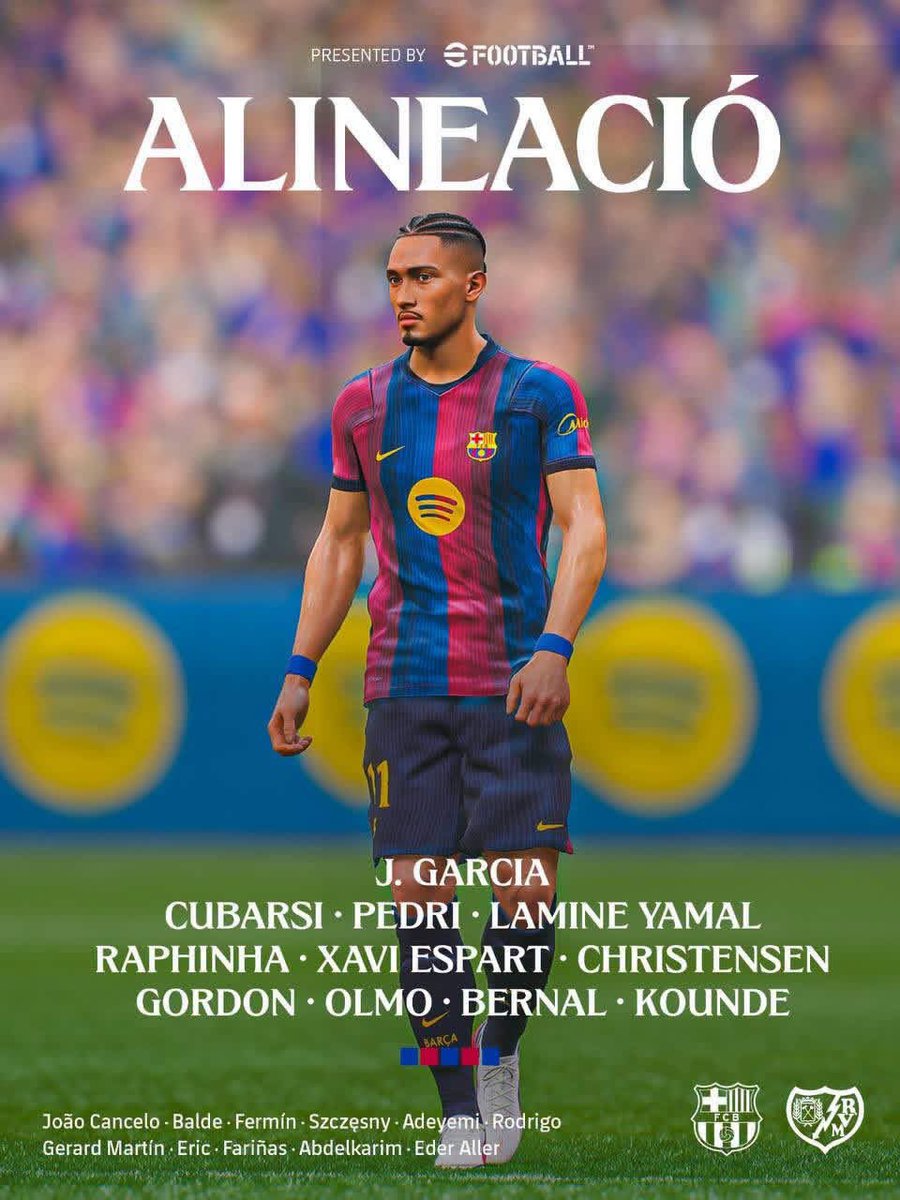 DREALKOMBO's tweet photo. Barcelona Line up to face Rayo

Hansi Flick doesn't change much only Christensen and Olmo replacing Fermin and Gerard Martin 

Rolls Royce Rodri starts from the bench https://t.co/1lRrUaf5Te