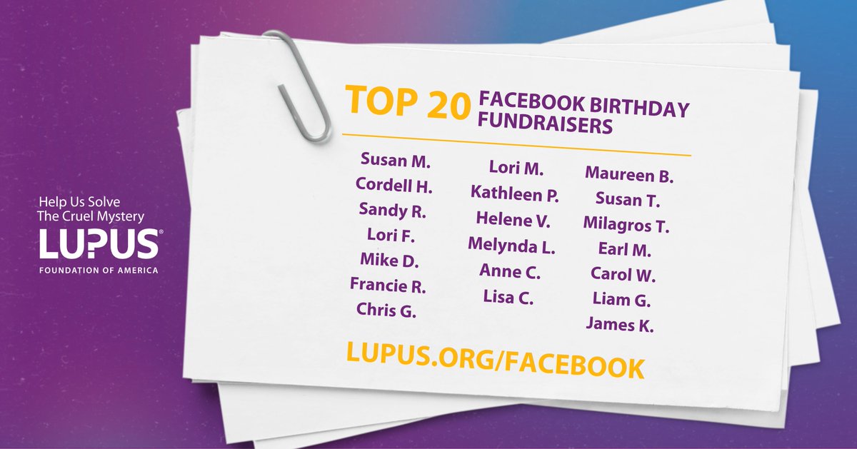 LupusOrg's tweet photo. 🎉 Here are August's top 20 Facebook birthday fundraisers! We’re so grateful for your dedication and impact.

🎂 Got a birthday coming up? Celebrate with a fundraiser for the Lupus Foundation of America! Fuel #lupus research, support, education, and more: https://t.co/fUVSm8x8MI https://t.co/jH2jt8vjFX