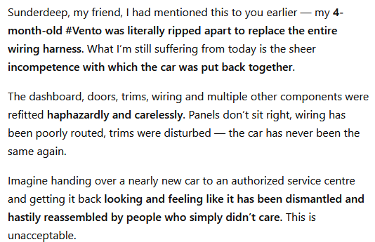 John071912's tweet photo. @volklub Sunderdeep, my friend, I had mentioned this 2 u earlier my 4month old #Vento literally ripped apart 2 replace entire wiring harness. Wht I’m still suffering from today is the sheer incompetence with which the car was put back together. #autobahn #Nerul @volkswagenindia #shameless https://t.co/7P0MKjBM16