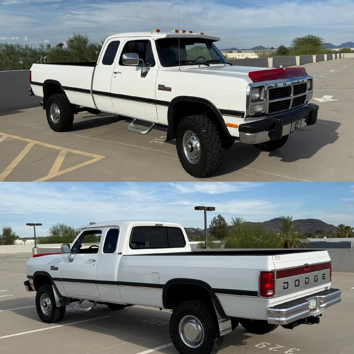 Bringatrailer's tweet photo. This 1993 Dodge Power Ram W250 Club Cab 4×4 pickup is powered by a 5.9-liter Cummins turbodiesel inline-six linked with an NV4500 five-speed manual transmission, a dual-range transfer case, and a limited-slip rear differential. The truck is finished in Bright White over Charcoal cloth. Showing 66k miles, it's listed now on BaT!

https://t.co/a0DBEDsk0f