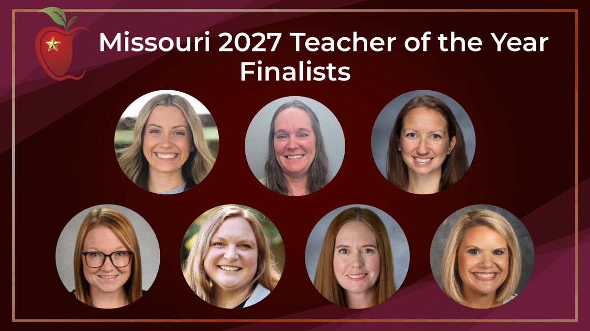 MOEducation's tweet photo. 🎉 Congratulations to all seven 2027 Missouri Teacher of the Year Finalists recognized today! 🎉

🍎 2027 Finalists — Full List:

✨ Bailey Womble — Special Education (Grades K–2), Heritage Elementary
✨ Christine Logan-Hollis — Science (Grades 7–8), Kingston K-14 Middle School
✨ Emily Klein — Social Studies (Grades 10–12), Bayless High School
✨ Nicole Crocker — Agricultural Education (Grades 9–12), Branson High School
✨ Sarah Moonier — Science (Grades 9–12), Rockwood Summit High School
✨ Sarah Newton — English Language Arts (Grade 7), Valley Park Middle School
✨ Sarah Steffens — Reading Interventionist (Grades K–4), Elm Grove Elementary School

📣 Thank you for celebrating these educators with us today. Finalists will inspire even more as the 2027 Missouri Teacher of the Year selection continues — stay tuned!

➡️ See the full news release here: https://t.co/ukblY2FJFH

#MOTOY2027 #TeacherSpotlight #PowerofPublicEd