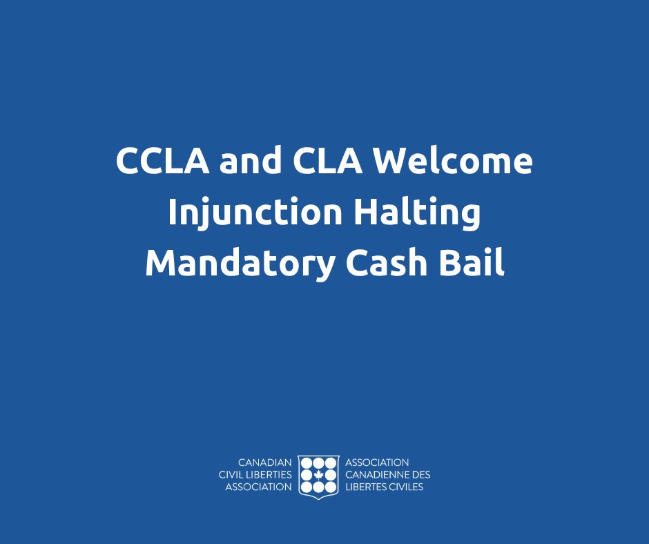 cancivlib's tweet photo. The CLA and CCLA welcome the injunction to the mandatory cash bail provisions ordered today by the Ontario Superior Court of Justice. Until a final judgment is rendered in this case, the cash bail provisions will not be in effect.

Our organizations argued that the province does not have the power under the Constitution to remove judicial discretion to decide the terms of bail or to violate the s. 11(e) Charter right to reasonable bail.

The injunction can be read here.
https://t.co/gXyXE8uH8I