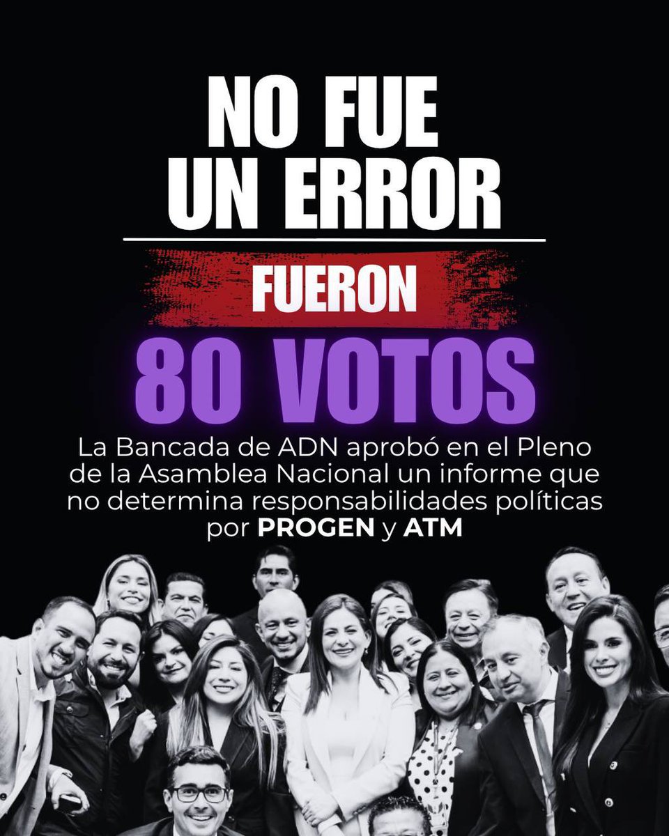 cesarpalack's tweet photo. No fue un error, fueron 80 votos”

80 votos respaldaron un informe que, según lo señalado en la gráfica, no determina responsabilidades políticas por PROGEN y ATM.
La ciudadanía tiene derecho a conocer cómo votaron sus representantes y qué consecuencias tiene esa decisión.

#NoboaEsImpunidad
#ProgenEsNoboa
#ATMesNoboa