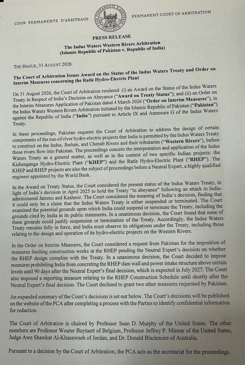 ZahidK7's tweet photo. Victory ✌️ for 🇵🇰 Pakistan in The Permanent Court of Arbitration, The Hague ICJ. Judges from USA, Belgium, Australia and Jordan said that Indus Water Treaty remained fully in force, as 🇮🇳 India had no justification for ending or suspending the agreement. https://t.co/c1HLpuooLD