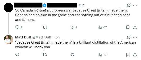 Matt_Duff_'s tweet photo. This was a response to a picture showing Canadian soldiers landing at Juno Beach on D-Day. Some Americans seem to have this myopic view that Canadians are just "Americans with Stockholm Syndrome" or something idk.

Every single Canadian soldier who fought at Juno was a volunteer. https://t.co/rydNQO0FoU