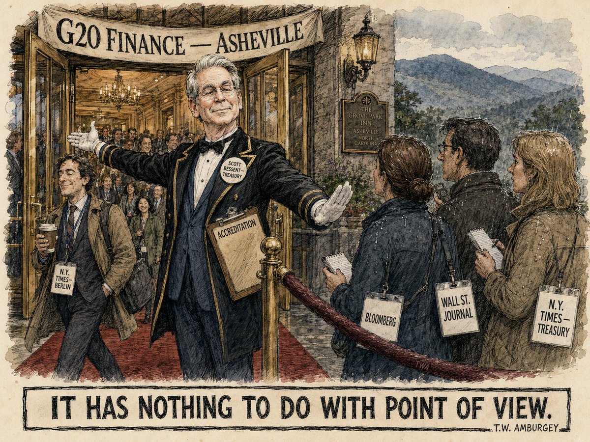 twamburgey's tweet photo. They let in the Times' Berlin bureau chief. They kept out its Treasury correspondent — plus Bloomberg and the Wall Street Journal.

Asheville. @SecScottBessent says it "has nothing to do with point of view."

#PoliticalCartoon #Satire #EditorialCartoon #G20 https://t.co/WWTViY7bea