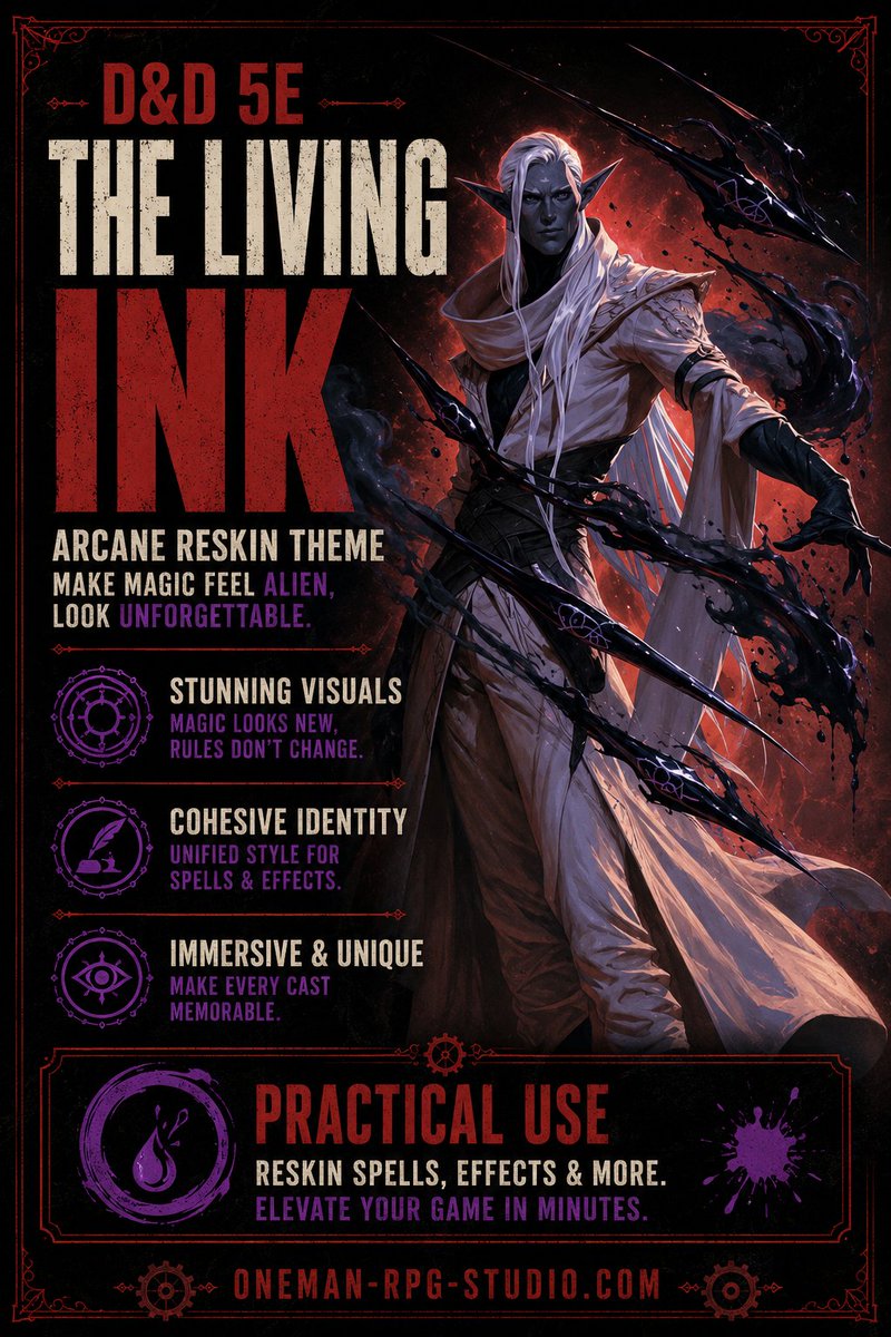 OneManRPGstudio's tweet photo. Give a caster a D&amp;D 5e spell reskin with one visual rule: magic behaves like living ink. It stains, stitches, smears, crawls, and turns familiar spells into signature magic without changing mechanics.

https://t.co/tGGLDyS44h

#dnd #dnd5e #dungeonsanddragons #SignatureMagic https://t.co/YSmIy2bK7T