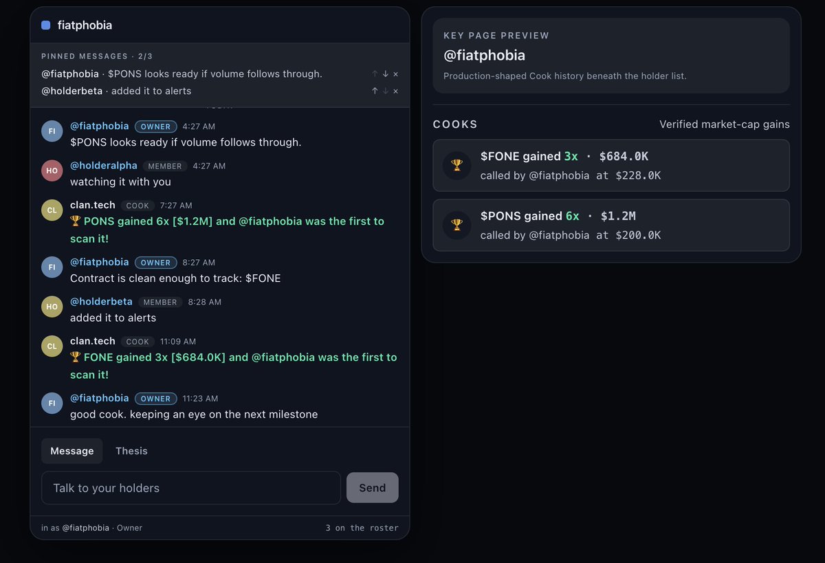 clantechapp's tweet photo. Introducing Chat Cooks

Token calls shared in private chat rooms are now tracked and preserved as Cooks when they reach major market-cap milestones.

Each clan and trader key page builds a permanent history of its successful calls - showing what was called, who called it, its market cap at the time, and how far it ran.

This history becomes the room’s public testimony: a transparent record people can use to evaluate the quality of its private chat before deciding whether to join or speculate on its key.

Great calls no longer disappear into chat history. Now they build the room’s reputation.

Find Cooks at the bottom of a key page
