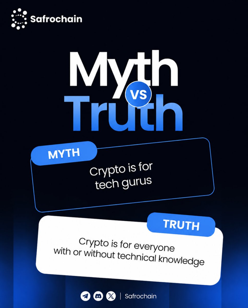 safrochain's tweet photo. Myth: Crypto is only for tech geeks and coders.

Truth: If you can scan a QR code to pay for pepper soup, send a voice note on WhatsApp, or move money with Mobile Money, you already have the skills.

Crypto on Safrochain runs on that same energy. https://t.co/vKITEkFNnk