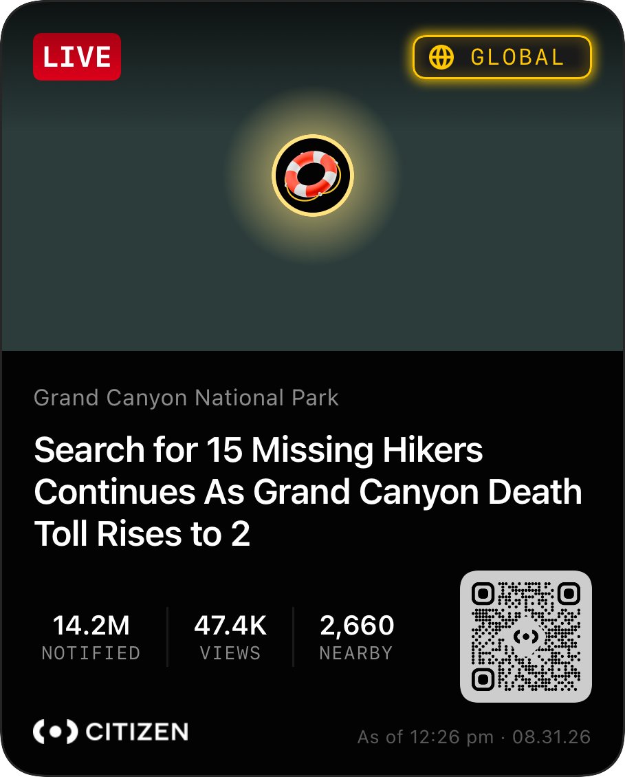 CitizenApp's tweet photo. 🚨ALERT: A major flash flood swept through Bright Angel Creek in Grand Canyon National Park, destroying a footbridge and the park’s only water pipeline.

Two people have died, and about 15 people remain missing or unaccounted for as search and rescue efforts continue. More than 60 people have been airlifted or evacuated from the affected area.

Phantom Ranch, Bright Angel Campground and the lower North Kaibab Trail remain closed. A flash flood watch remains in effect as additional storms are possible.

If you were in the Bright Angel Canyon or Phantom Ranch area Saturday, or know someone who was, officials are asking for any information that could help locate missing people.

📍 Grand Canyon National Park, Arizona
NPS Investigative Services Branch: 888-653-0009
