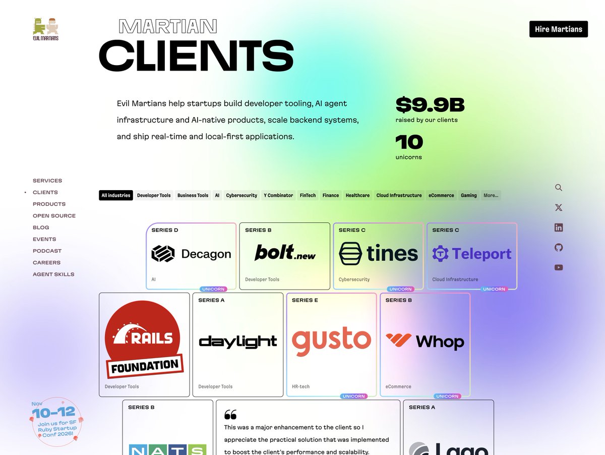 inazarova's tweet photo. Our Clients page just got a refresh, and I love it so much 💙 @DecagonAI @GustoHQ @rails @boltdotnew @tines_hq @whop @goteleport @DaylightSec @GetLago @synadia @buildkite @AppSignal @wallarm @BetterUp - the all-stars, who prioritize quality and work with @evilmartians on some of their hardest problems.