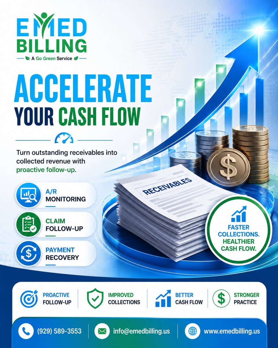 emedbilling2023's tweet photo. 📈 Accelerate Your Cash Flow with EMED Billing! Proactive A/R follow-up = faster collections &amp; healthier cash flow. 💰

📞 (929) 589-3553 
🌐 https://t.co/wFQpgg3VYV

#MedicalBilling #CashFlow #RCM https://t.co/uUo1xFEIVd