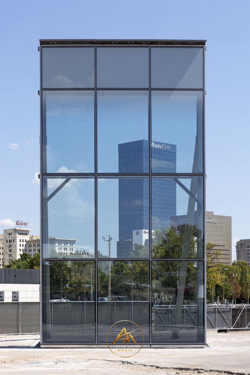 AlonzoAdamsOKC's tweet photo. A half-scale mock-up of the glass panels of the Continental Coliseum, which will be the home of the Oklahoma City Thunder in 2028 is on display at the corner of SW 2nd Street and Hudson Avenue in OKC. https://t.co/Au6iX6Gryo
