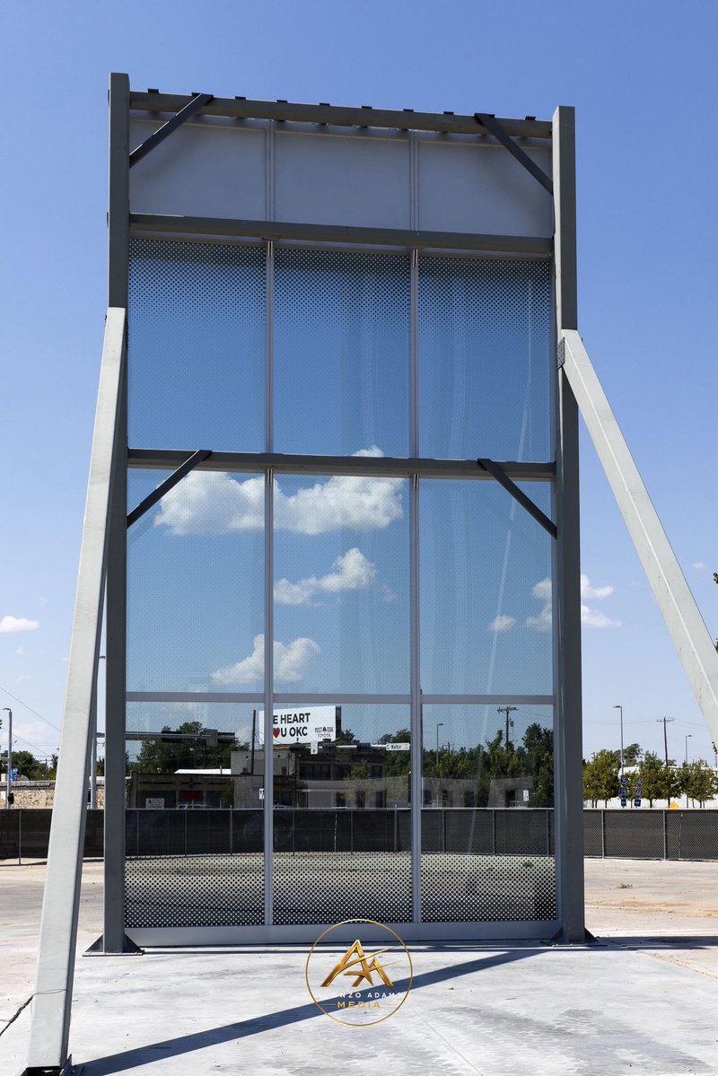 AlonzoAdamsOKC's tweet photo. A half-scale mock-up of the glass panels of the Continental Coliseum, which will be the home of the Oklahoma City Thunder in 2028 is on display at the corner of SW 2nd Street and Hudson Avenue in OKC. https://t.co/Au6iX6Gryo