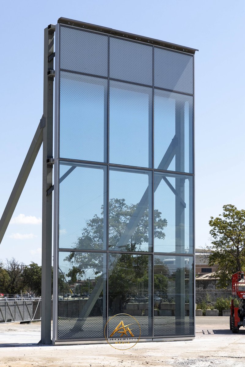 AlonzoAdamsOKC's tweet photo. A half-scale mock-up of the glass panels of the Continental Coliseum, which will be the home of the Oklahoma City Thunder in 2028 is on display at the corner of SW 2nd Street and Hudson Avenue in OKC. https://t.co/Au6iX6Gryo
