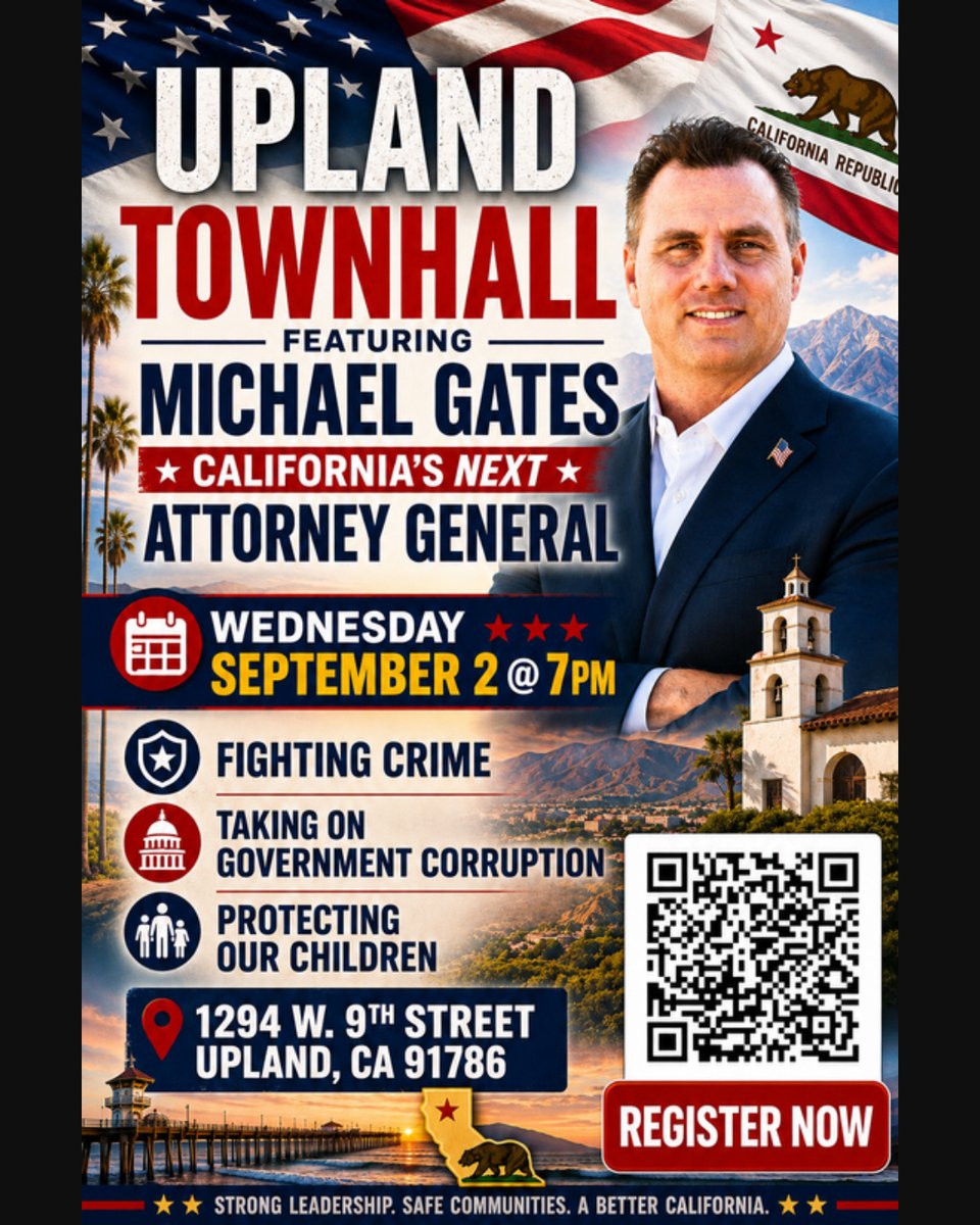 MichaelGatesESQ's tweet photo. Join me for the Upland Town Hall, Wednesday, September 2nd at 7pm, 1294 W. 9th Street, Upland. We’re talking about fighting crime, taking on government corruption, and protecting our children.

Safe families, safe communities. Register now.

Vote Michael Gates for Attorney General. #Gates4AG