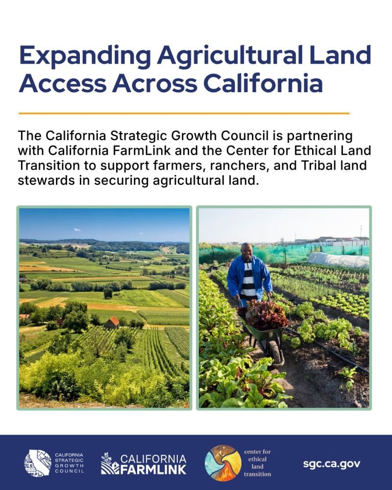 CalSGC's tweet photo. 🌱 Expanding access to agricultural land means creating more opportunities for California’s farmers, ranchers, Tribes and tribal land stewards.
 
The California Strategic Growth Council (SGC) is partnering with California FarmLink and the Center for Ethical Land Transition to expand secure access to land for the production of food, fiber, medicine and cultural resources.
 
Over the next two years:
🚜California FarmLink will provide technical assistance to historically underserved farmers and ranchers.
 
🌾The Center for Ethical Land Transition will support California Native American Tribes and tribal land stewards.
 
Funding for these partnerships is provided through California Climate Investments, which supports projects that reduce harmful emissions, protect public health, strengthen local economies and support California’s natural environments.
 
Learn more about California FarmLink at https://t.co/4Hm6fc6cYi and the Center for Ethical Land Transition at https://t.co/z6WcgYsTZu.
 
#CaliforniaClimateInvestments #Agriculture #LandAccess #CaliforniaForAll