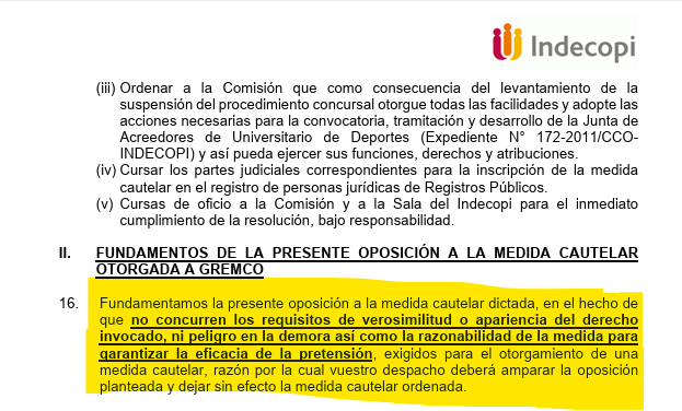 ricardoguerrab's tweet photo. #AHORA #Universitario
#Indecopi formaliza su OPOSICIÓN a la cuestionada #cautelar obtenida a favor de #Gremco para recuperar el control de la "U".
El Indecopi OBSERVA que no hay #VEROSIMILITUD (o sea, fallan papas con camotes) y SUPONE AGRAVIO a su rol concursal. https://t.co/rrQYl2glve