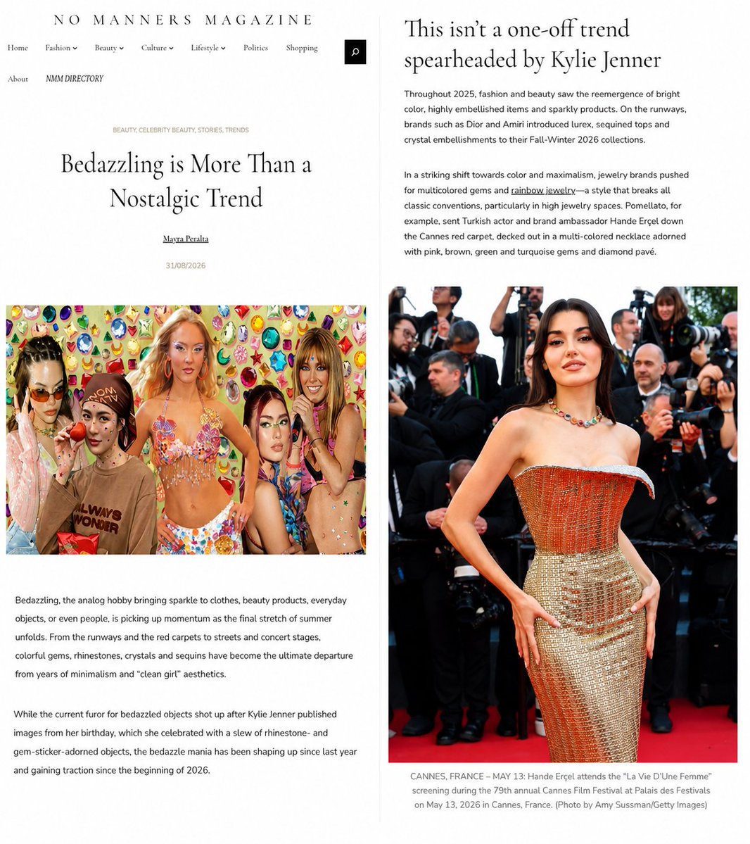ercelfiles's tweet photo. No Manners Magazine spotlights Hande Erçel in its latest article on the resurgence of bedazzling, highlighting her Cannes appearance in a multicolored Pomellato necklace as an example of fashion’s shift toward color and maximalism.✨💎
#HandeErçel https://t.co/Us7ZHtIUev