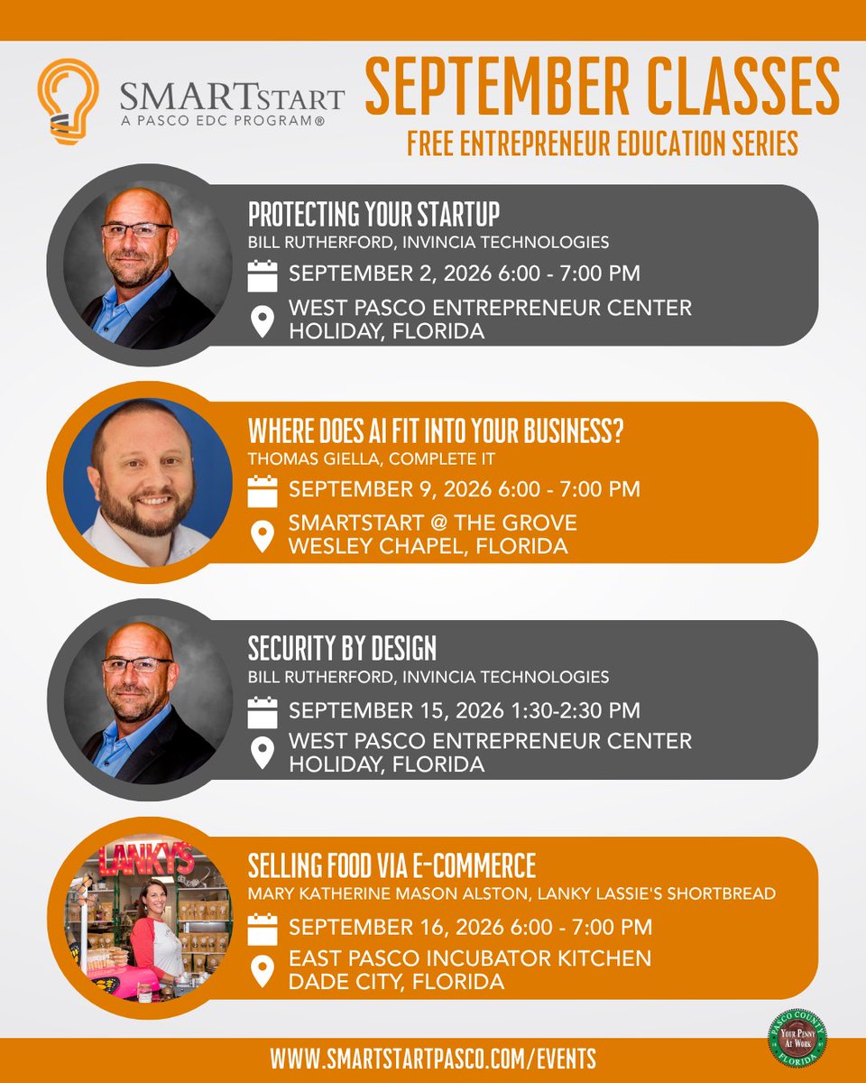 smartstartpasco's tweet photo. 𝙃𝙖𝙮 𝙩𝙝𝙚𝙧𝙚!🍂🌽 September kicks off the beginning of the fall season and we are ready to kickoff our September Education Series. We have several 𝙖-𝙢𝙖𝙞𝙯𝙞𝙣𝙜 free classes & workshops happening across Pasco County and you will not want to miss out on these opportunities to help your business grow. Register at https://t.co/rZzSD3d5DU to secure your spot today. #PascoProud #SMARTstartPasco