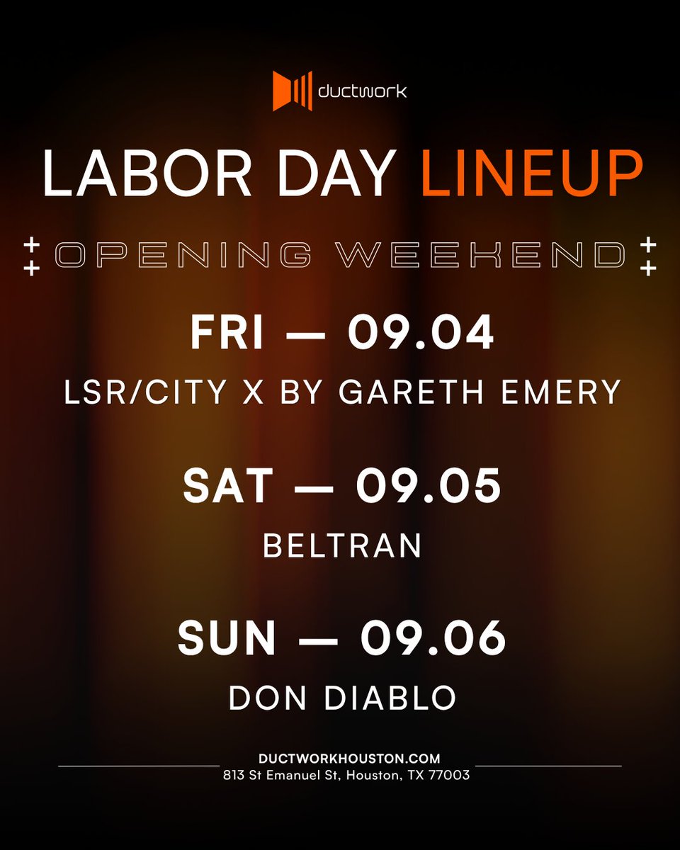 ductworkhouston's tweet photo. OPENING WEEKEND LINEUP 🔶 

Info &amp; final 🎟️ → https://t.co/9NTtHALr6j https://t.co/7xomtTrm6y