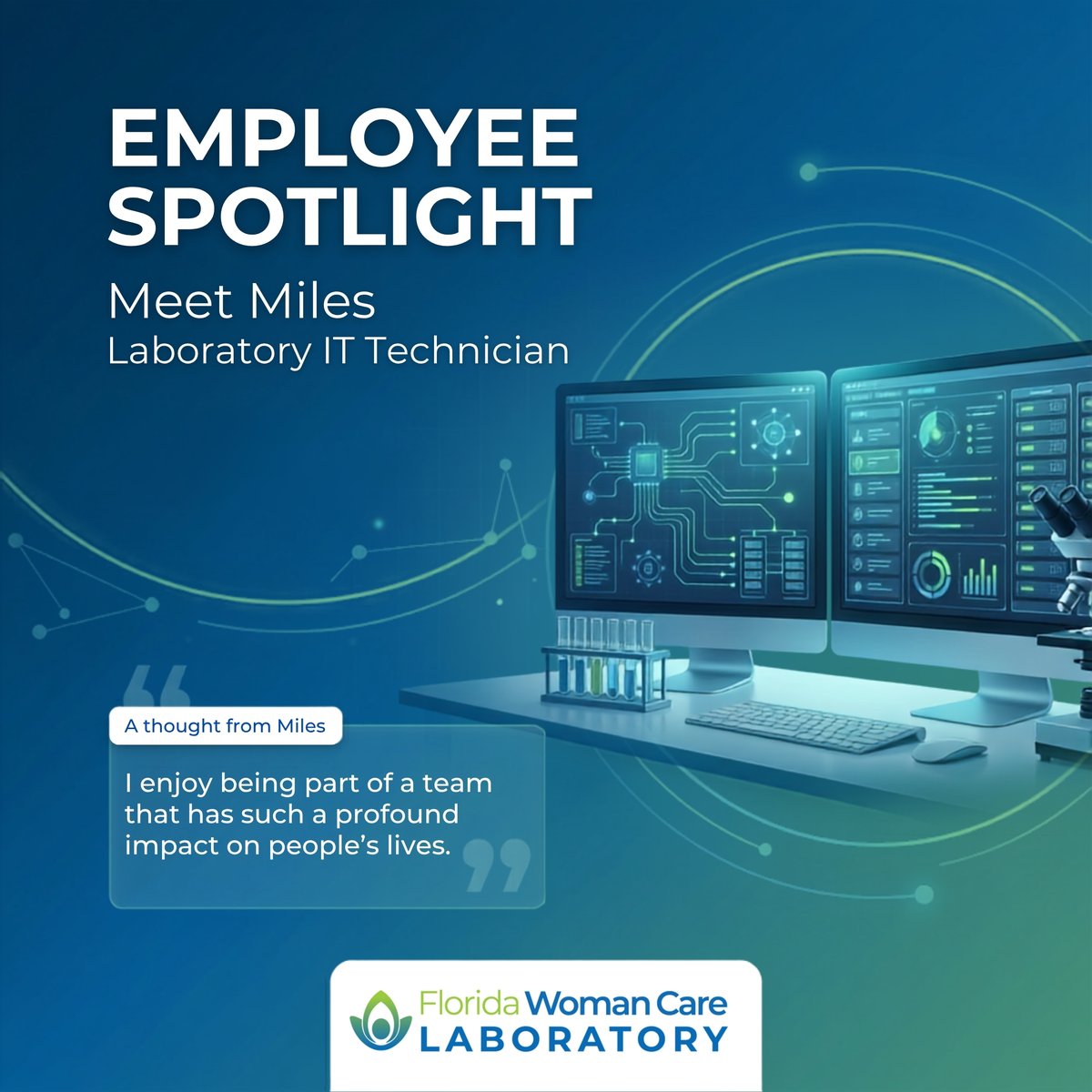 FWCLab's tweet photo. Meet Miles, our Laboratory IT Technician! He keeps the technology behind Florida Woman Care Laboratory running smoothly so teams can focus on delivering accurate, timely patient results. Thanks, Miles, for keeping us connected every day! #EmployeeSpotlight https://t.co/qGenzWKaxD