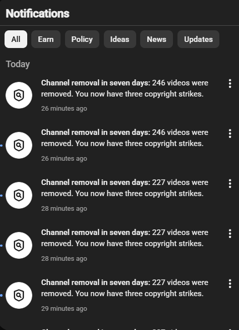 cawcawTV's tweet photo. Day 2 Update

64 strikes so far, and 246 new videos taken down along with 63 from yesterday

The worst part is they keep striking at a pace that exceeds counter notifications being processed

@TeamYouTube how is your copyright system this abusable ?? wtf am I supposed to even do https://t.co/glHLGf49Ae