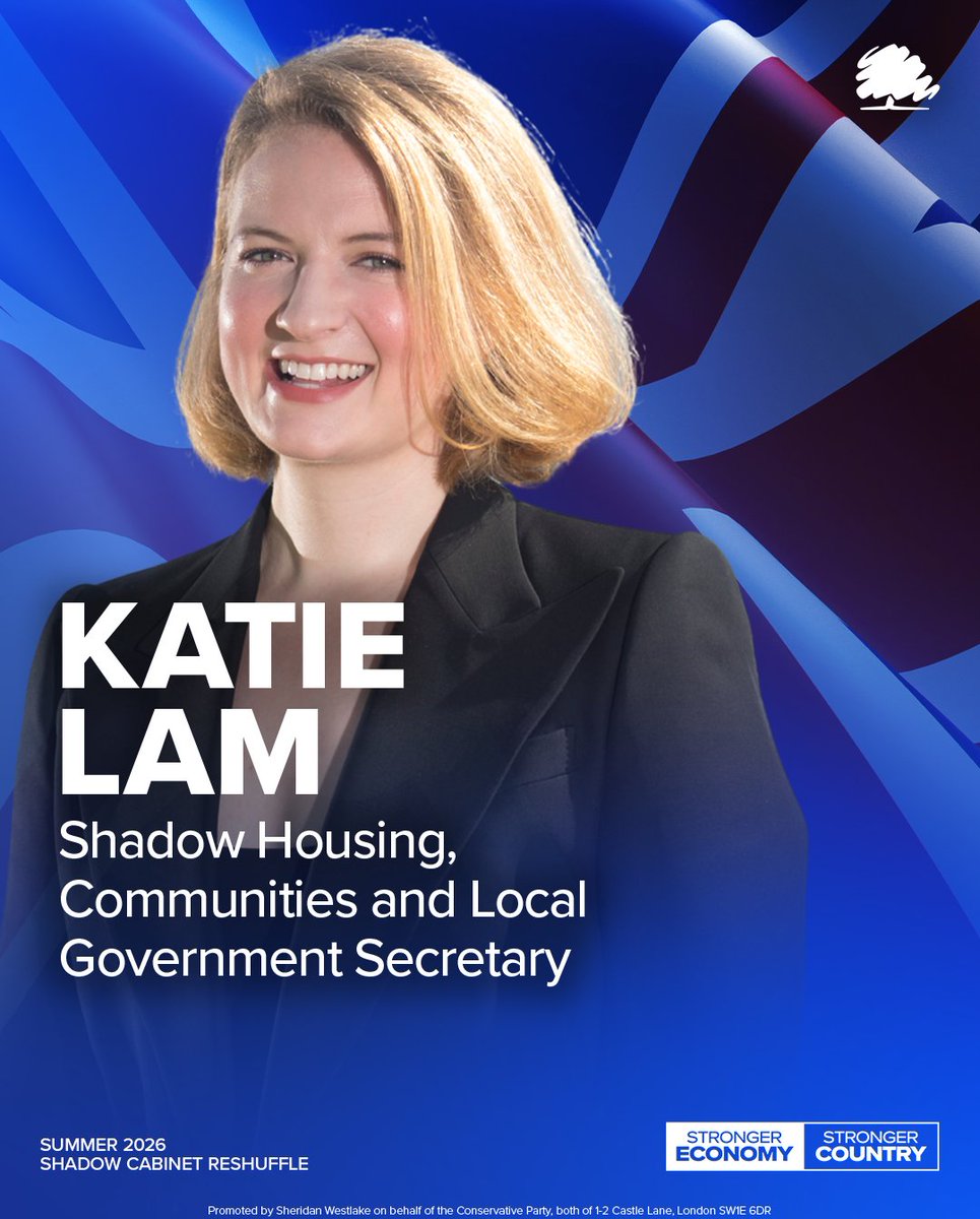 Conservatives's tweet photo. APPOINTED: @Katie_Lam_MP is our new Shadow Housing, Communities and Local Government Secretary.

Katie will lead our work to get Britain building while standing up for local communities, and ensuring local government works effectively for people across the country. https://t.co/2XS3lR3weW