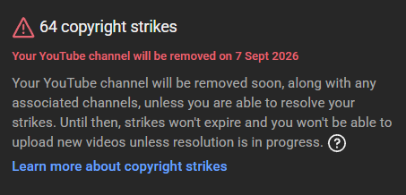 cawcawTV's tweet photo. Day 2 Update

64 strikes so far, and 246 new videos taken down along with 63 from yesterday

The worst part is they keep striking at a pace that exceeds counter notifications being processed

@TeamYouTube how is your copyright system this abusable ?? wtf am I supposed to even do https://t.co/glHLGf49Ae