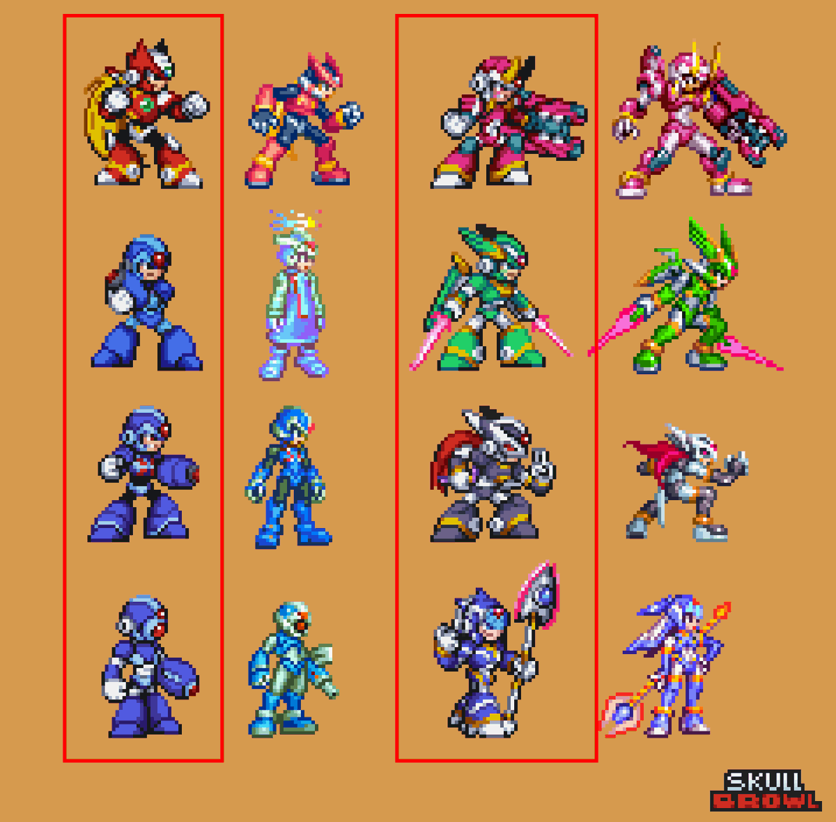 skullbrow's tweet photo. Comparison of the X-style Mega Man Zero characters I created with the originals from the games.

#megamanzero #megamanx #pixelart https://t.co/77tmu65WQ0