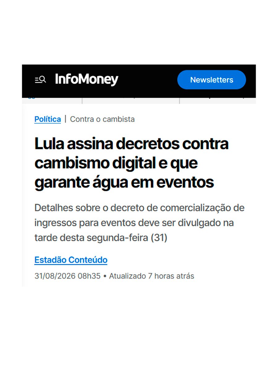 igorogh's tweet photo. 🚨 LULA ASSINA DECRETOS CONTRA O CAMBISMO E PELA ÁGUA GRATUITA EM EVENTOS!

O presidente Lula assina nesta segunda (31) dois decretos: um para combater o cambismo digital na venda de ingressos e outro para garantir a distribuição de água gratuita em eventos.

As regras do combate ao cambismo serão detalhadas ainda hoje. 

Via infomoney