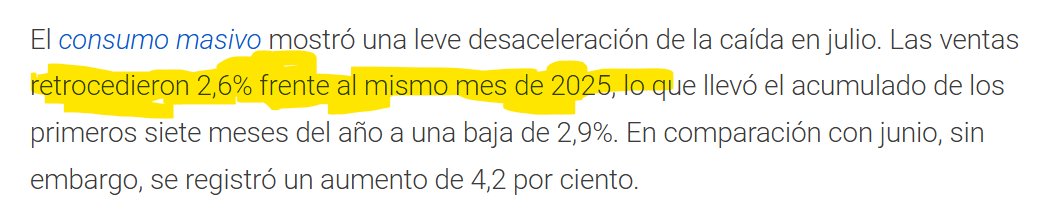 opicampana's tweet photo. @aetchebarne Vamos de nuevo.. yo no entiendo.. Son gente seria en teoria, manejan consultoras y mienten descaramente
Siempre en Julio crece el consumo masivo por el aguinaldo y las vacaciones!
SIEMPRE!!!
lo que no te dice es que cayo 2.5% respecto al año pasado.
RELATO DE NUEVO MIENTEN!!!! https://t.co/aYhqscvEi0