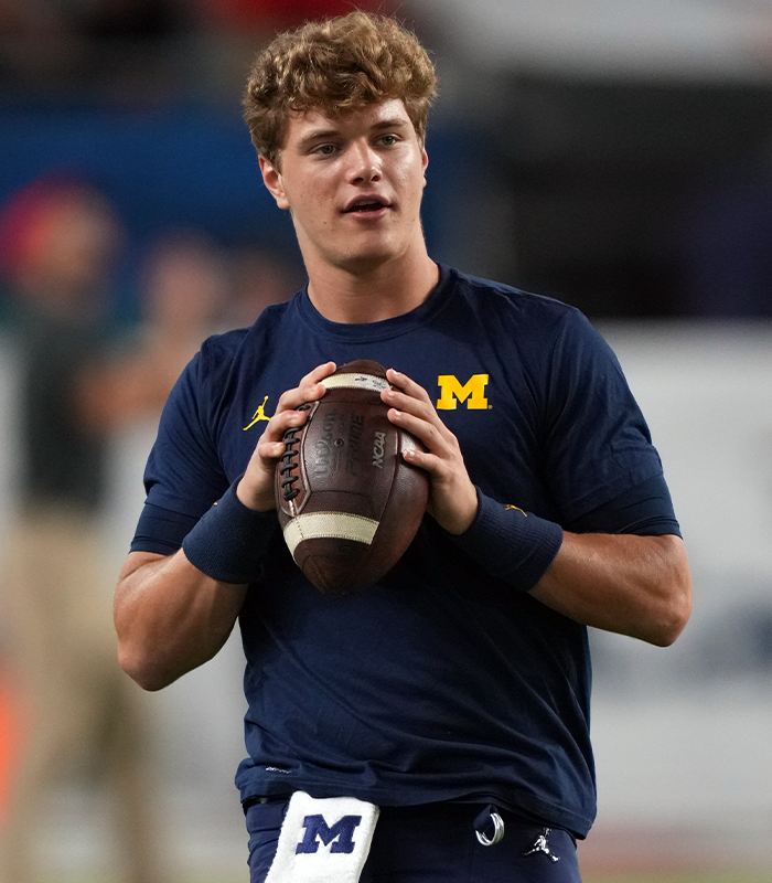 Underdog's tweet photo. Some players from the UNDEFEATED 2023 Michigan Wolverines National Championship team:

JJ McCarthy: back-up to Kyler Murray
Blake Corum: back-up to Kyren Williams
Donovan Edwards: waived by Dolphins
Roman Wilson: WR4 in Pittsburgh
Junior Colson: waived by Chargers