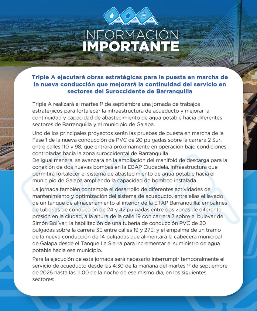SomosTripleA's tweet photo. #TripleAInforma Triple A realizará el martes 1º de septiembre una jornada de trabajos estratégicos para fortalecer la infraestructura de acueducto y mejorar la continuidad y capacidad de abastecimiento de agua potable hacia diferentes sectores de Barranquilla y el municipio de Galapa.
