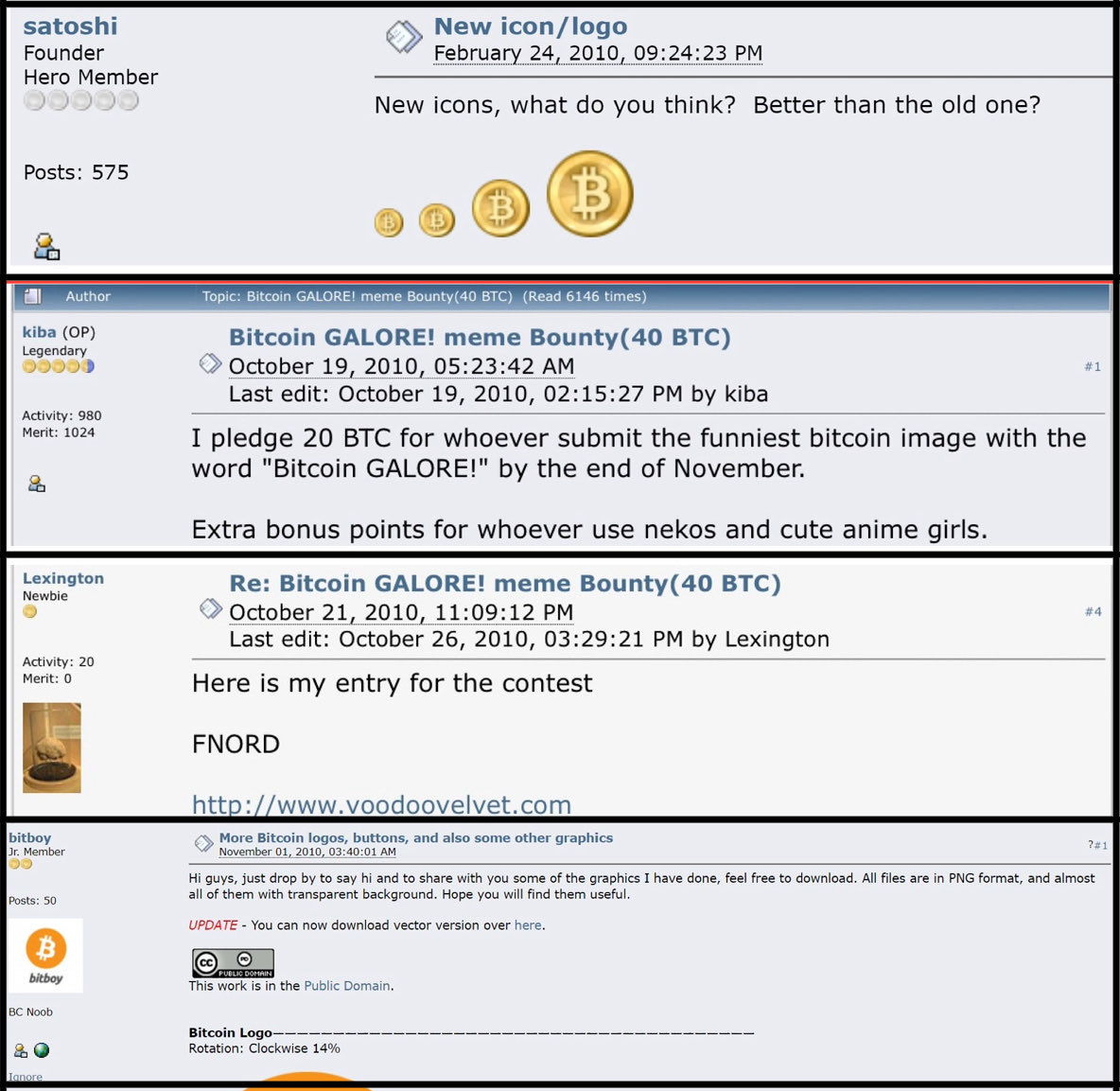 alfineous's tweet photo. Yes the timeline of all characters and logos for BTC are verifiable on Bitcoin forums and @VoodooVelvet created her meme with the second btc logo created by satoshi… the slanted orange logo came a month after Win and Bixel were created. https://t.co/m2VhtT6Du0