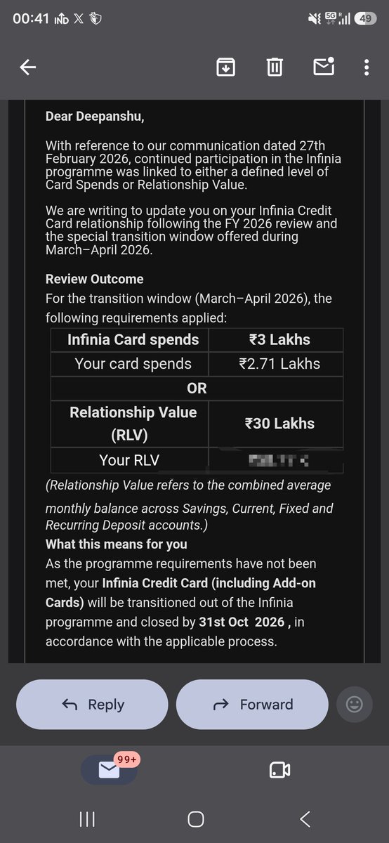 PointsnMilesPro's tweet photo. Finally got the email from HDFC for Infinia closure. Enjoyed this card thoroughly, since limits were put every now and then, doesn't hurt to lose this card anymore.
Question to folks:
What should I do with my 1.25 lakh points, have time till Oct 31st. 
Looking for Suggestions? https://t.co/ChrZZMmCwY