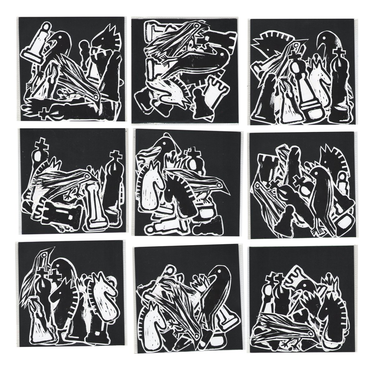sevseverian's tweet photo. chess stickers ♟️ #linocut https://t.co/m8B9MypTbW