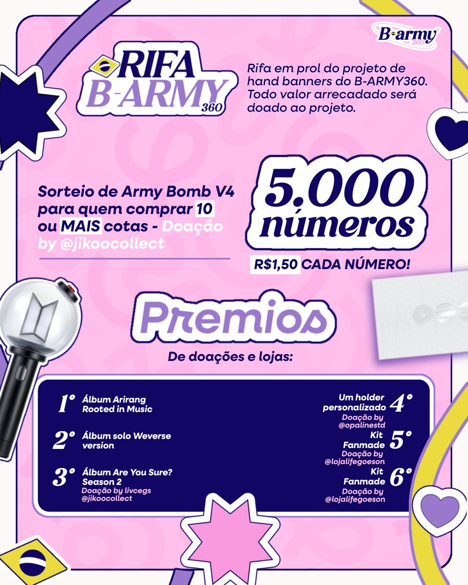 BARMY_360's tweet photo. 💜 | ÚLTIMA RIFA DO B-ARMY360!

Chegamos oficialmente à reta final da nossa arrecadação para o Projeto Hand Banners! E para fechar essa etapa, preparamos a Rifa 04, que será nossa última rifa em prol do projeto!

Todo valor arrecadado será destinado diretamente à produção e execução dos Hand Banners que serão levados aos shows do BTS no Brasil.

🏆 SÃO 6 PRÊMIOS NO TOTAL!

💜 1º prêmio: Álbum Arirang — Rooted in Music
💜 2º prêmio: Álbum Solo — Weverse Version
💜 3º prêmio: Álbum Are You Sure? — Season 2 (doação @jikoocollect)
💜 4º prêmio: Holder personalizado — doação @opalinestd)
💜 5º prêmio: Kit Fanmade — doação @lojalifegoeson
💜 6º prêmio: Kit Fanmade — doação @lojalifegoeson

🎫 5.000 números disponíveis
💰 R$ 1,50 cada número

🎁 BÔNUS: quem comprar 10 ou mais cotas também concorrerá a uma Army Bomb V4, doação realizada por @jikoocollect!

🔗 COMPRE AQUI: https://t.co/GUP4zbS6EK

‼️ Essa é a nossa última rifa. Estamos oficialmente na reta final e cada número comprado faz diferença para conseguirmos concluir os Hand Banners. Toda arrecadação e a prestação de contas serão divulgadas com total transparência em nossos canais.

Cada número conta. Cada apoio nos aproxima ainda mais dos shows. 💜

#BARMY360 #BARMY360HandBanner