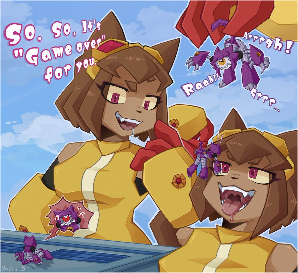 Bezzbet's tweet photo. ☆Comic part 1-2☆

 "Big girl Kit defeats the little villain this time!"
☆☆☆
#sizetwitter #furryvore #vore #voreart #kit #gameoverse https://t.co/AFuIlChm4s